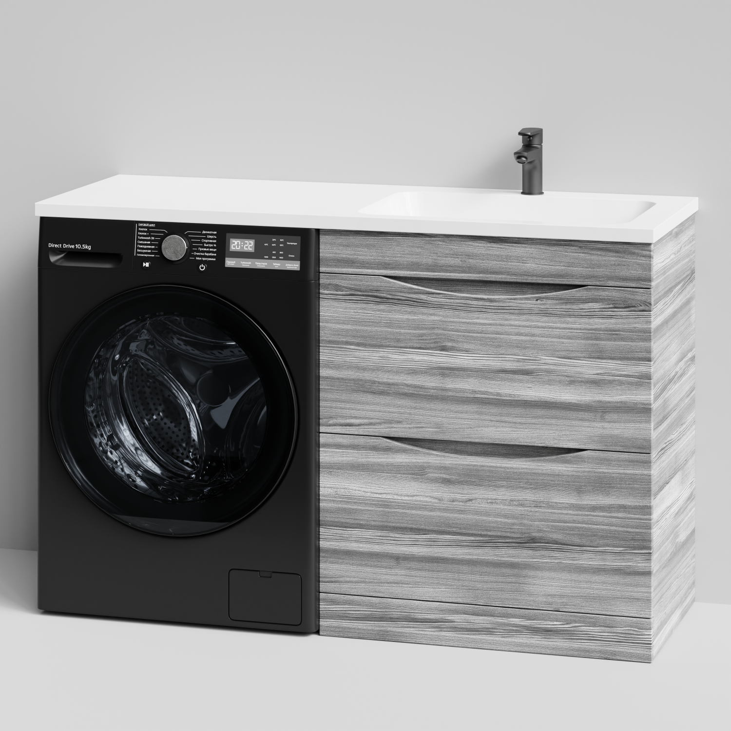 Тумба Vod-ok 68 с раковиной Смайл 130 напольная, под стиральную машину, правая, Лиственница структурная контрастно-серая