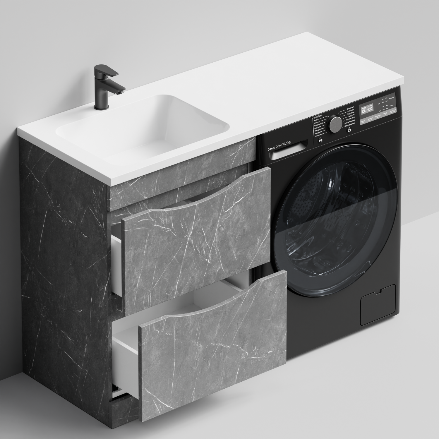 Тумба Vod-ok 58 с раковиной Смайл 120 напольная, под стиральную машину, левая, Мрамор Серый софт тач