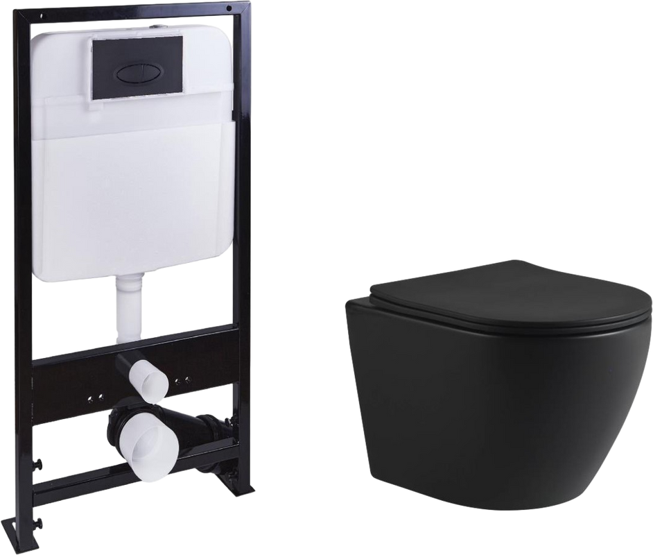 Унитаз подвесной SantiLine SL-5025MB+SL-03 с инсталляцией и кнопкой, черный