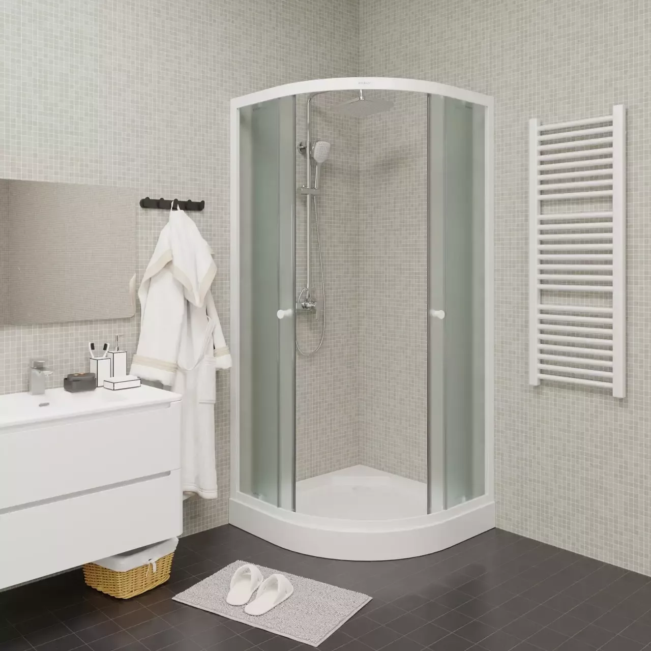 Душевой уголок Parly ZF91 полукруглый 1/4, с низким поддоном, матовое стекло, белый Душевой уголок Parly ZF91 полукруглый 1/4, с низким поддоном, матовое стекло, белый