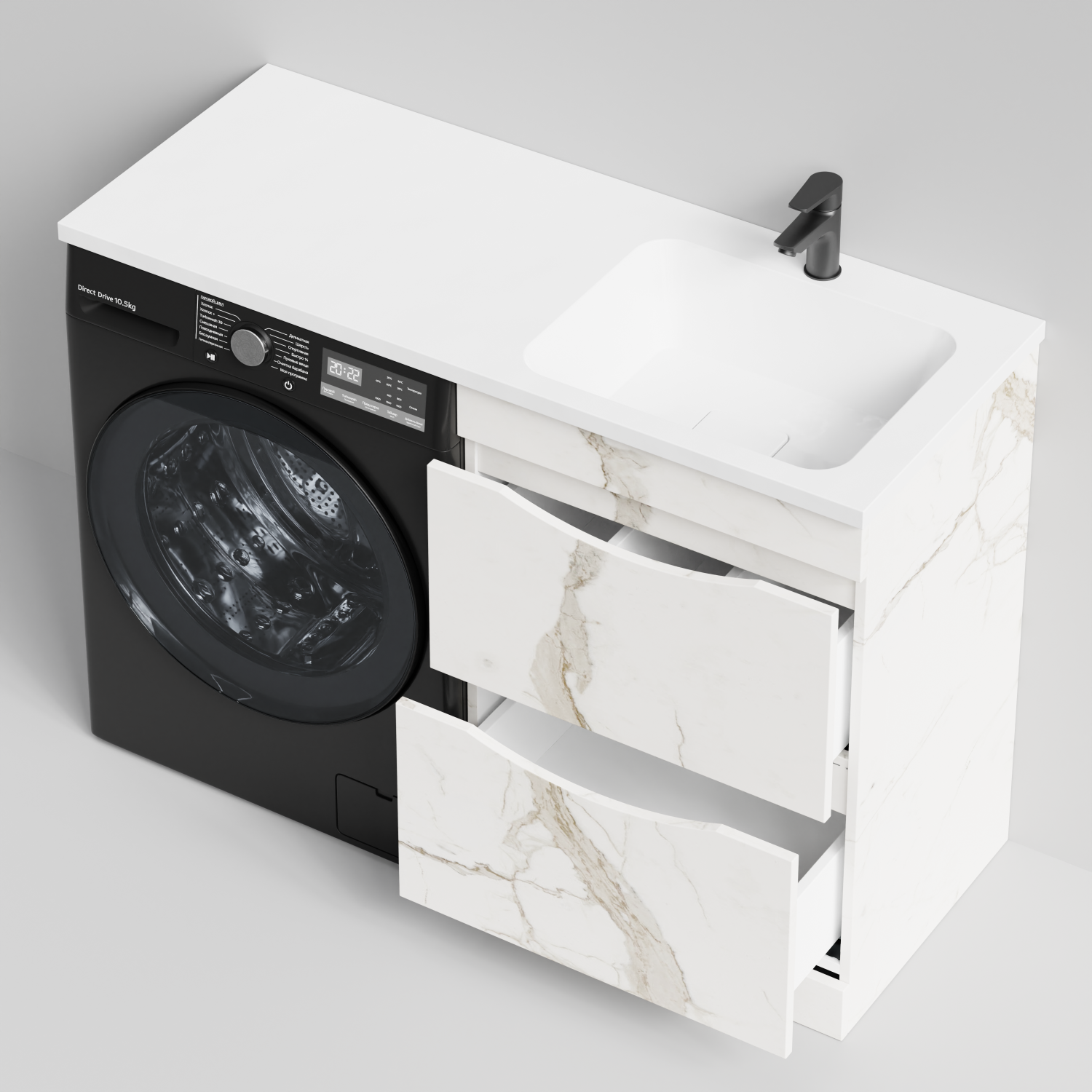 Тумба Vod-ok 58 с раковиной Смайл 120 напольная, под стиральную машину, правая, Мрамор Белый натур милк