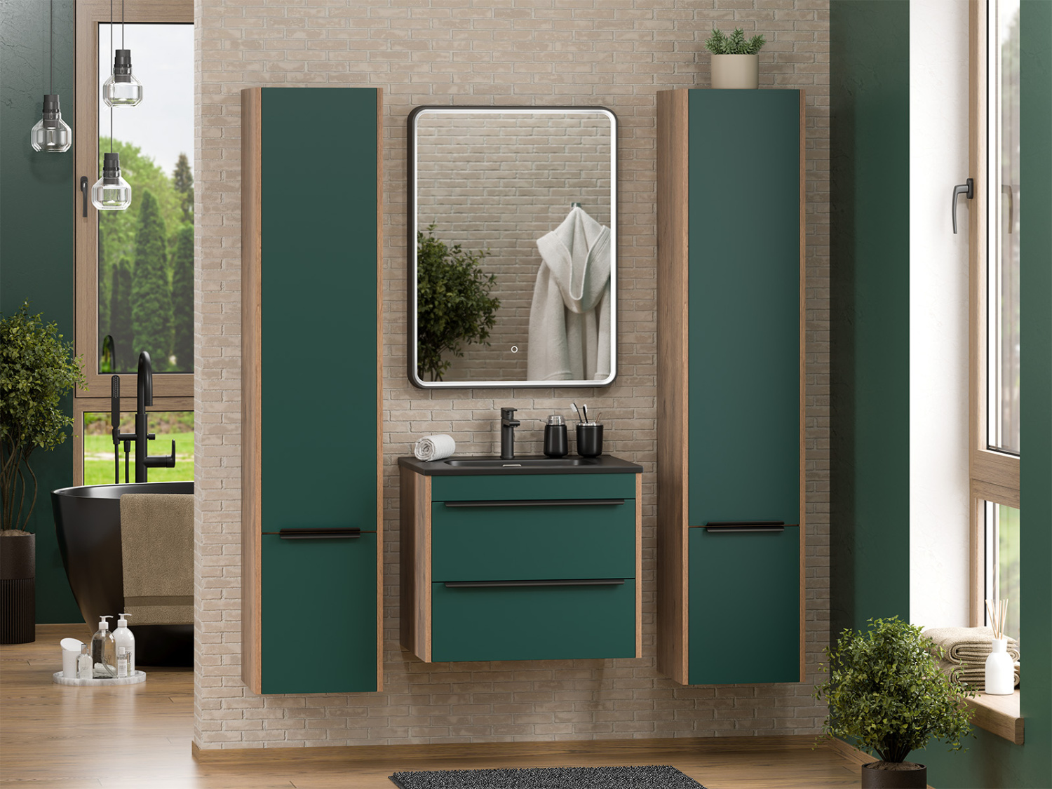 Тумба с раковиной Brevita Greenwood 60 подвесная, зеленый/дуб Галифакс