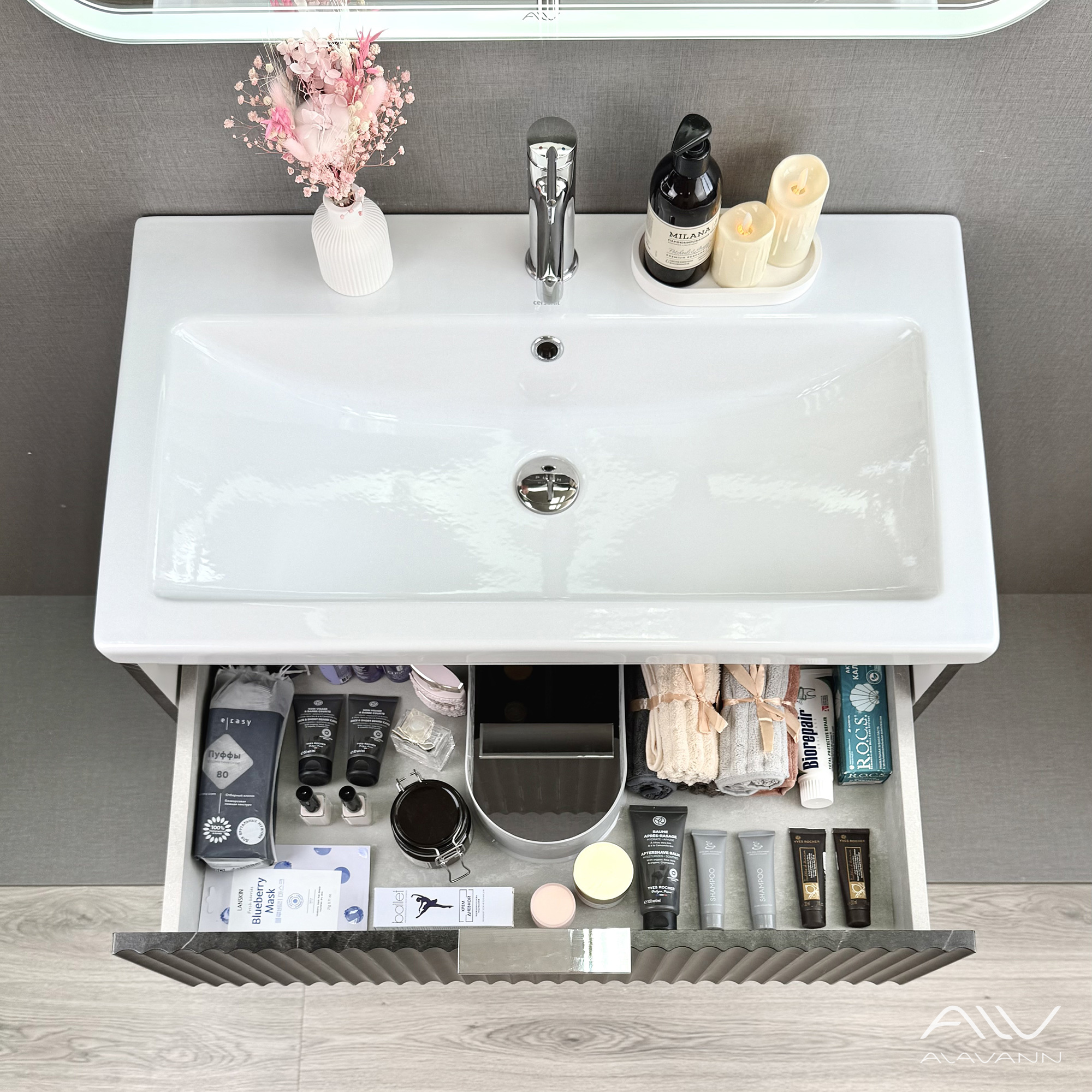 Тумба подвесная Alavann Anna 80 с раковиной Como 80, черный мрамор