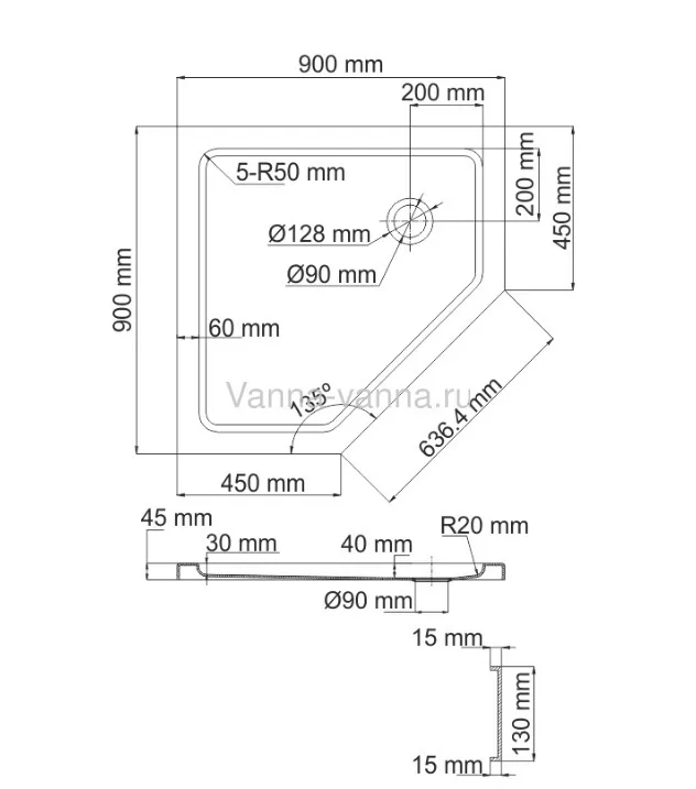 Поддон для душа WasserKraft Isen 26T11 90х90 пятиугольный, акриловый, белый