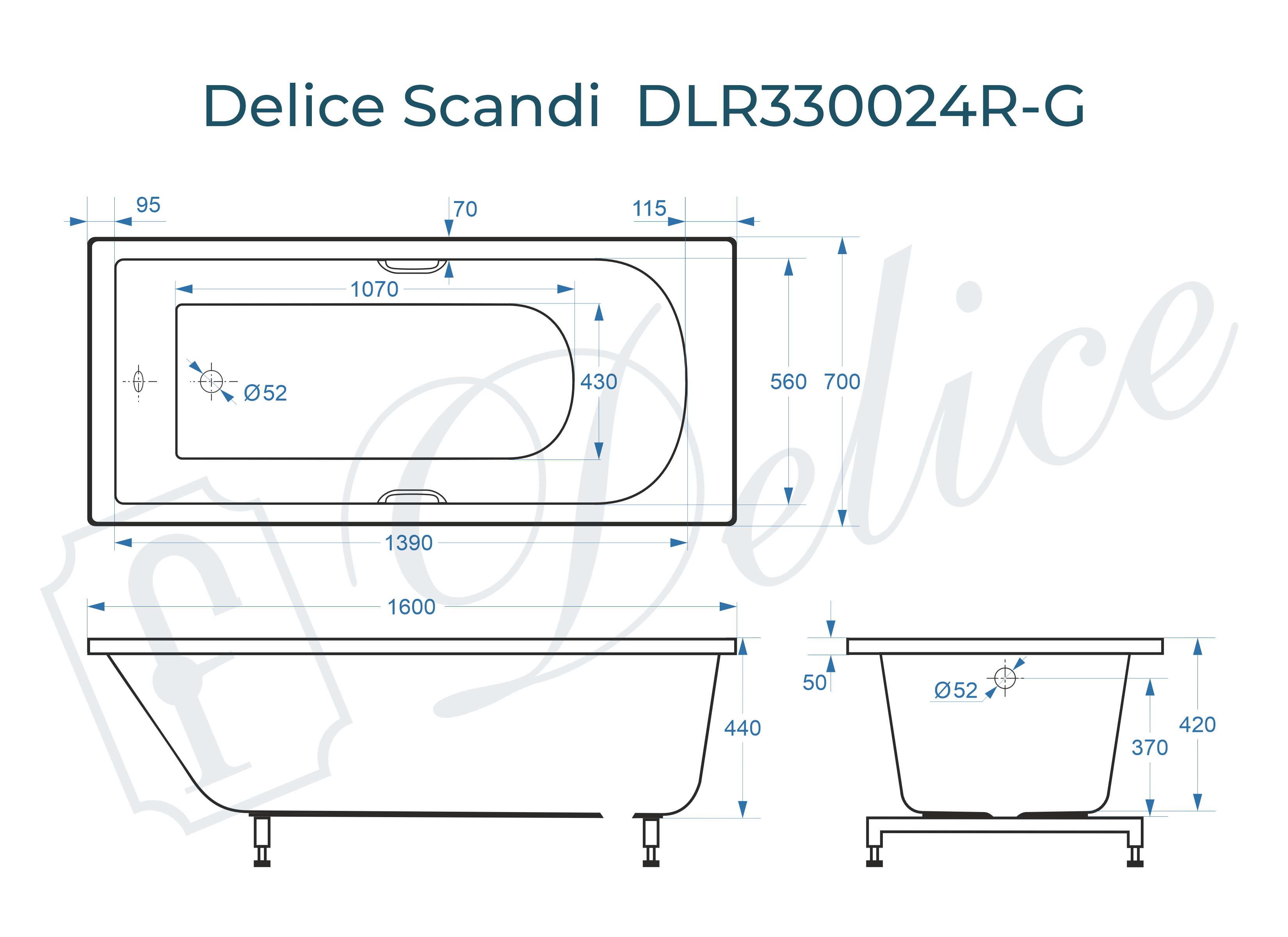 Ванна из литьевого мрамора Delice Scandi 160х70 глянцевая с черными ручками DLR330024RB-G