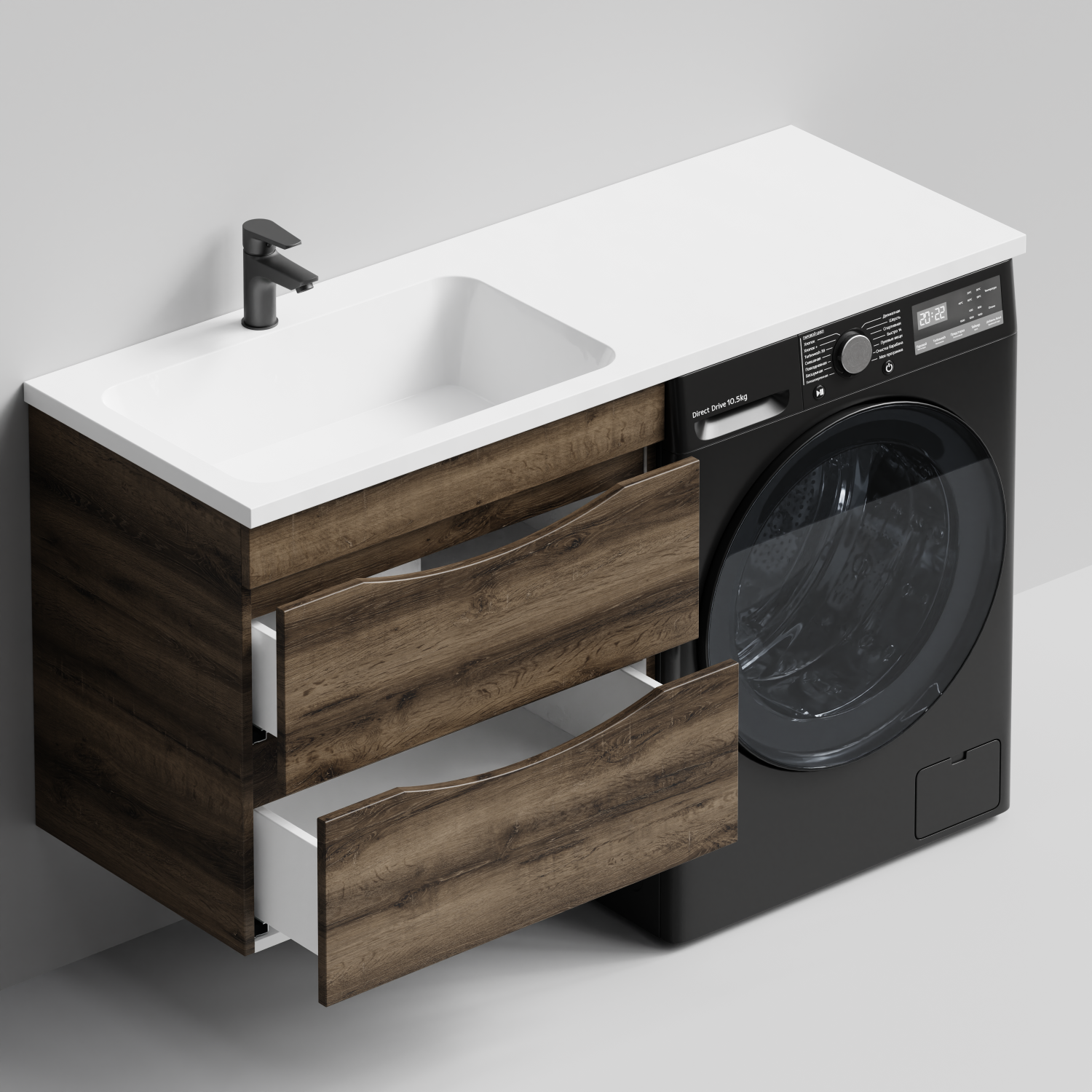 Тумба Vod-ok 68 с раковиной Смайл 130 подвесная, под стиральную машину, левая, Дуб крымский коричневый