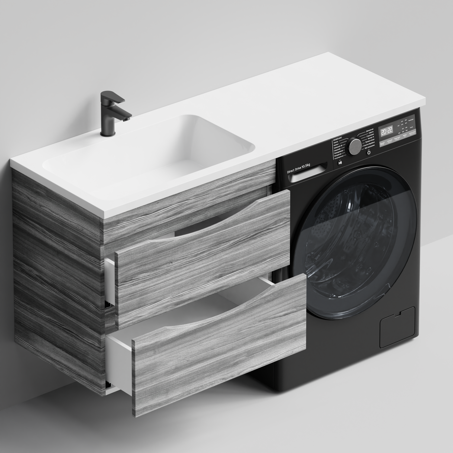 Тумба Vod-ok 68 с раковиной Смайл 130 подвесная, под стиральную машину, левая, Лиственница структурная контрастно-серая
