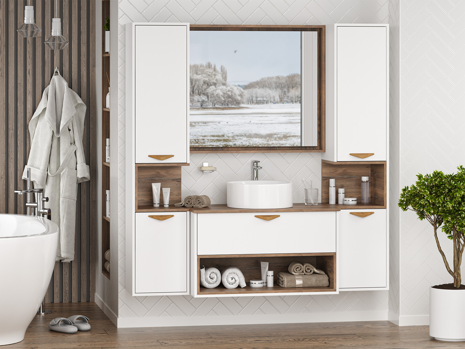 Тумба с раковиной Brevita Bergen 90 с подсветкой подвесная, белый