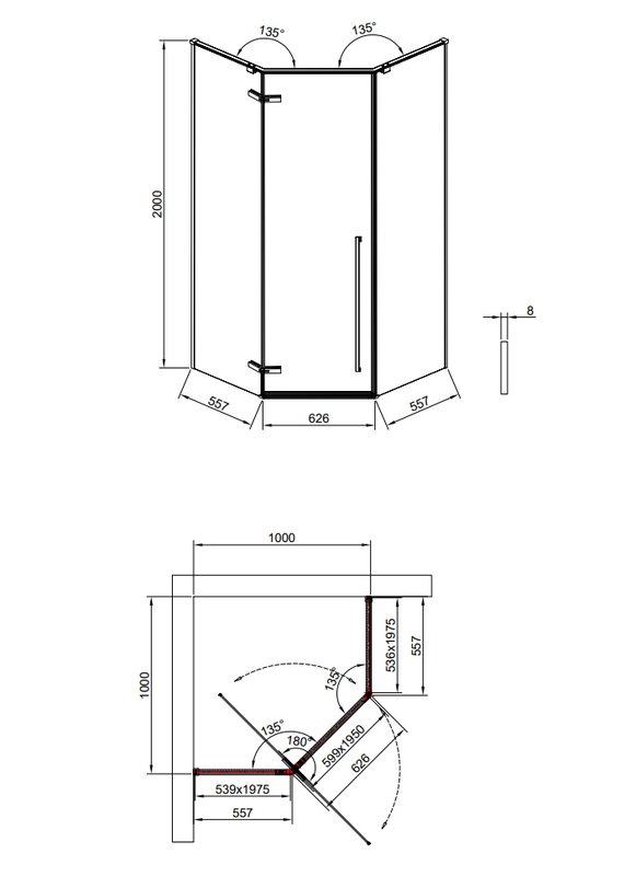 Душевой угол Timo TTSSP-100/13C-8, распаш 1000*1000*2000, профиль никель, стекло прозрачное 8 мм