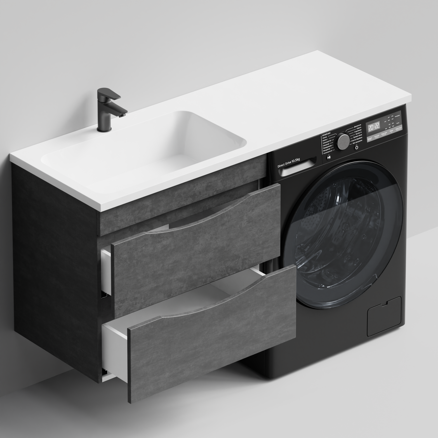 Тумба Vod-ok 68 с раковиной Смайл 130 подвесная, под стиральную машину, левая, Серый камень