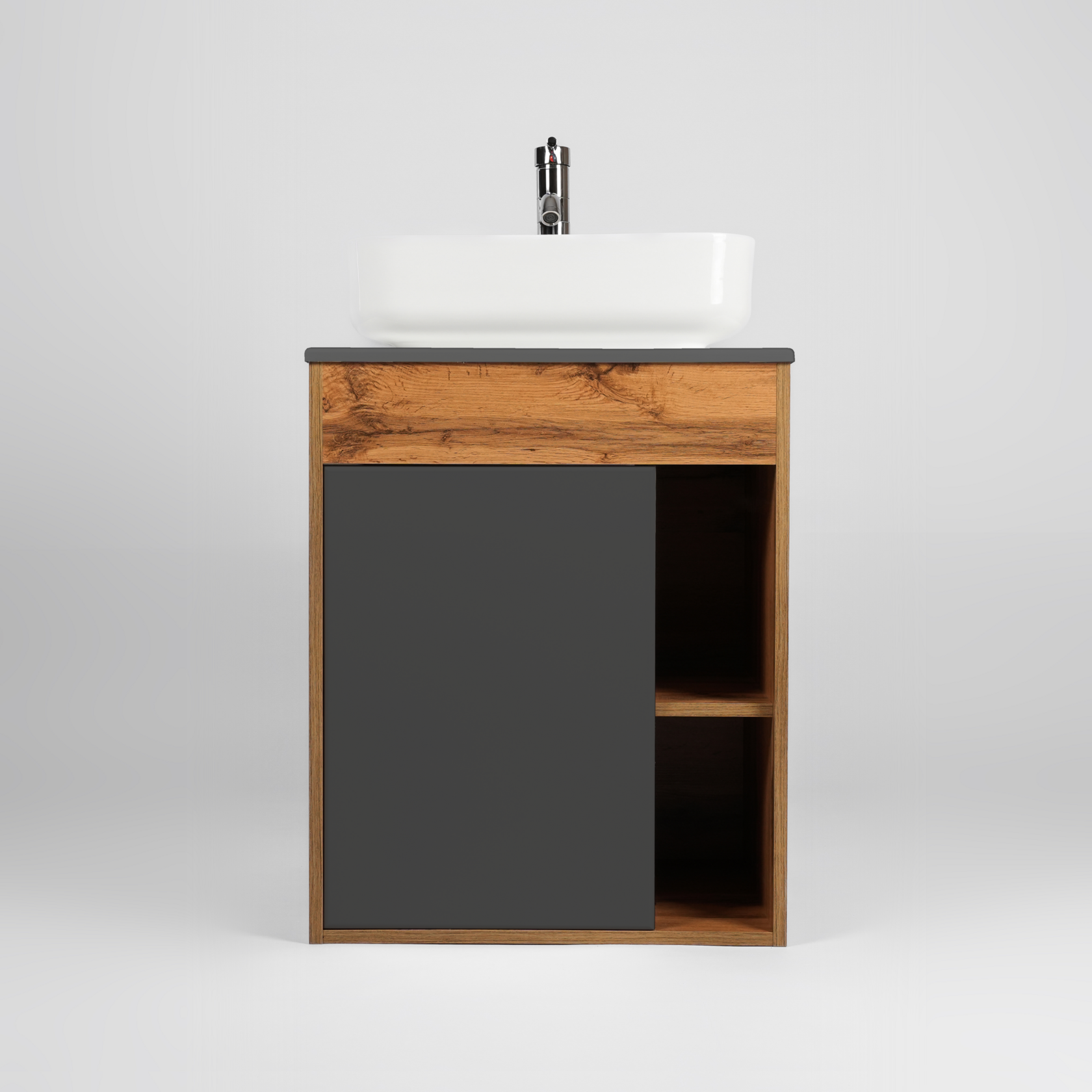 Тумба подвесная Viant Бостон 65 с раковиной Moduo 50, 1 дверь, графит/дуб вотан