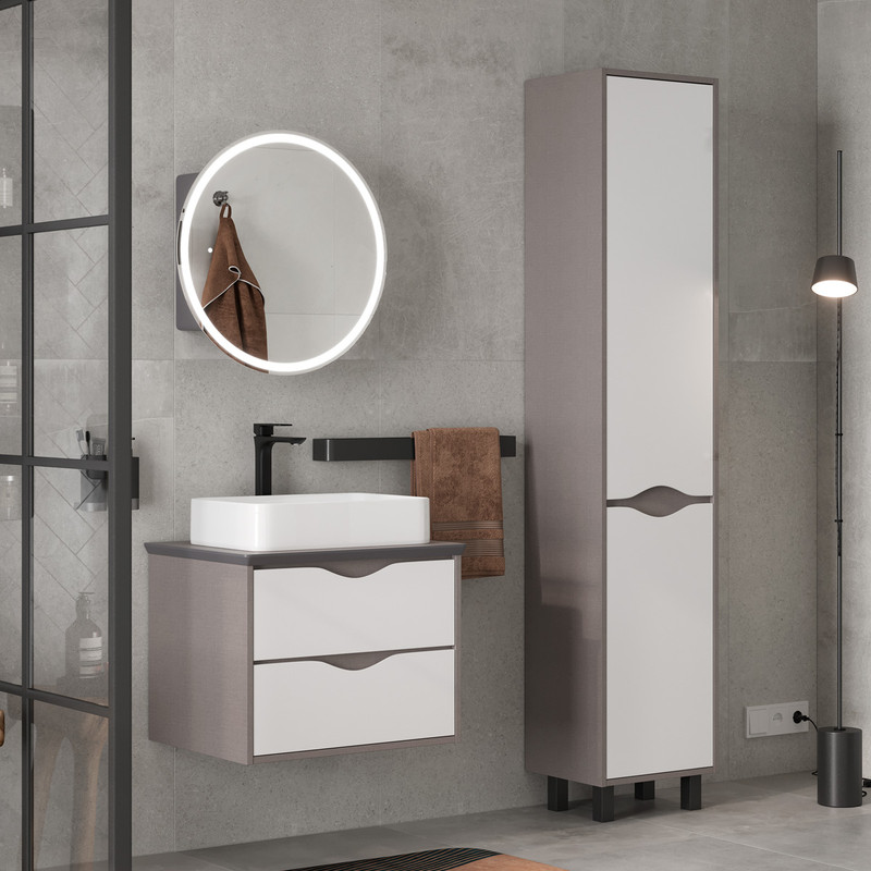 Тумба подвесная EQUIL Smile 60 столешница 60, раковина накладная Smile/Ferro, 2 ящика, белый/лен антрацит