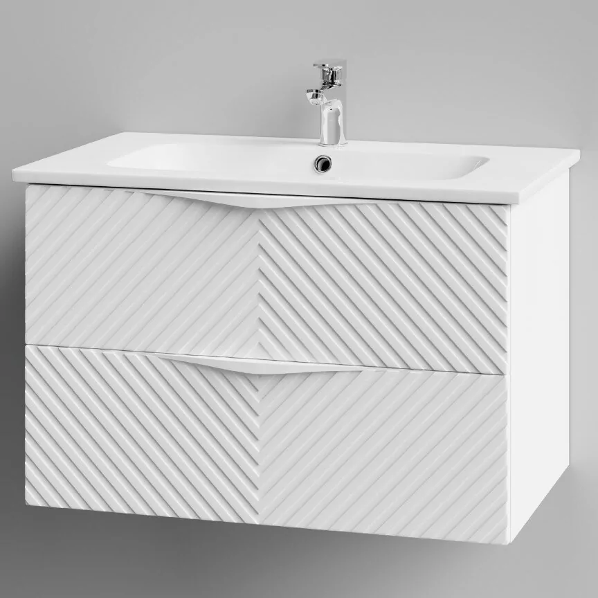 Тумба с раковиной Vod-ok Elite Эйфория 80 F4 елка крупная с ручкой, подвесная, два ящика, белый матовый