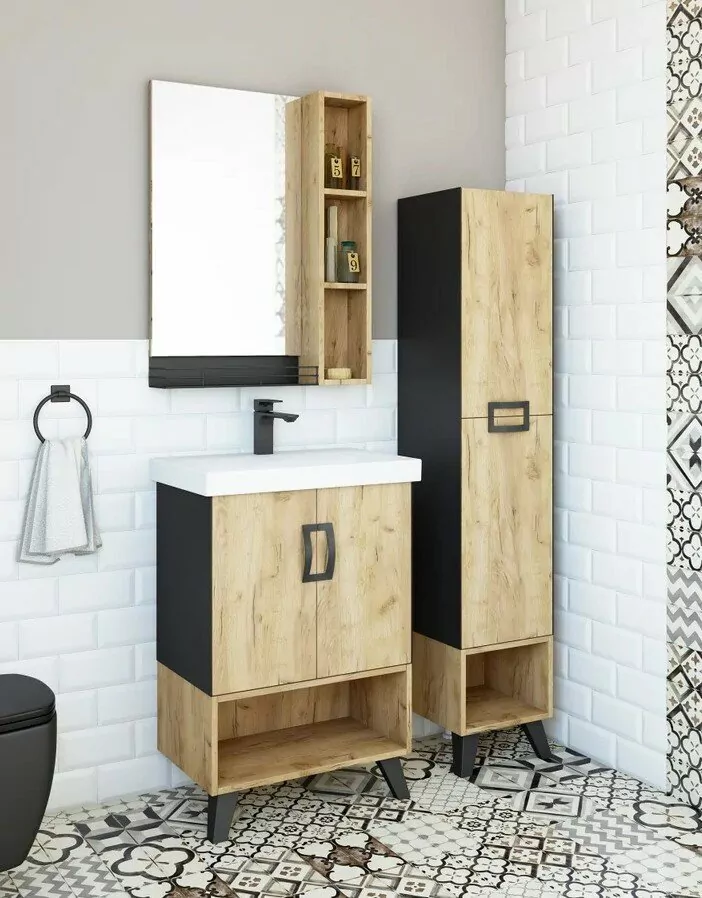 Пенал Sanflor Выборг 30 L/R напольный, крафт золотой/черный матовый