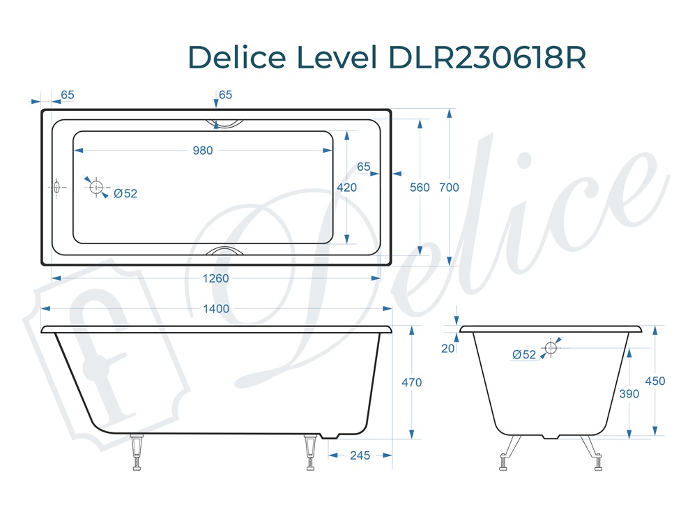 Ванна чугунная Delice Level 140х70 DLR230618R с отверстиями под ручки