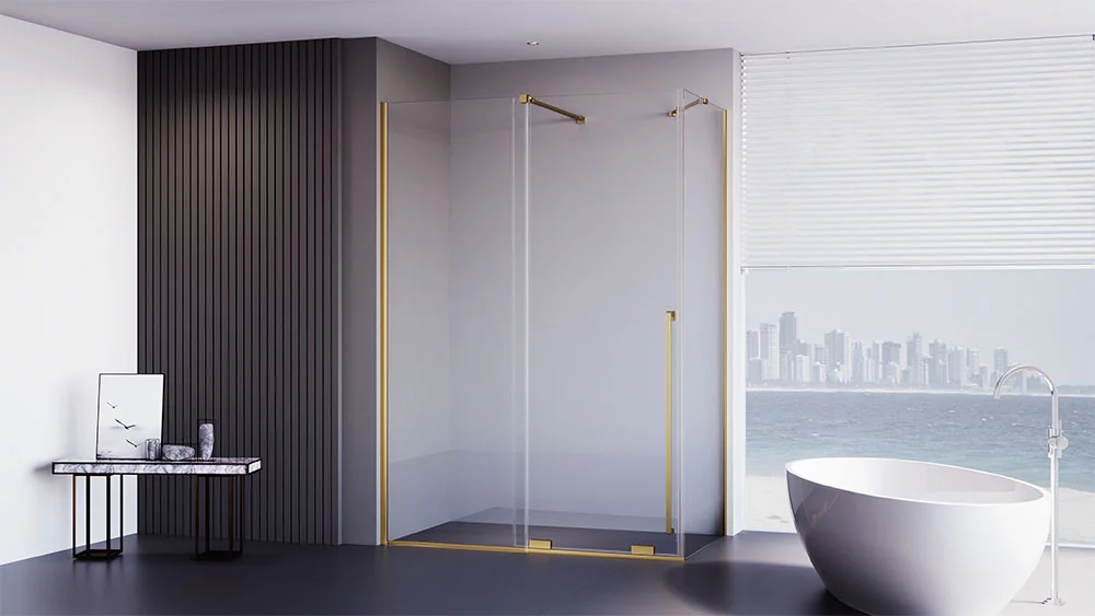 Душевой угол Veconi Premium Trento PTC-SP-50G, 1300х900x2000, брашированное золото, стекло прозрачное