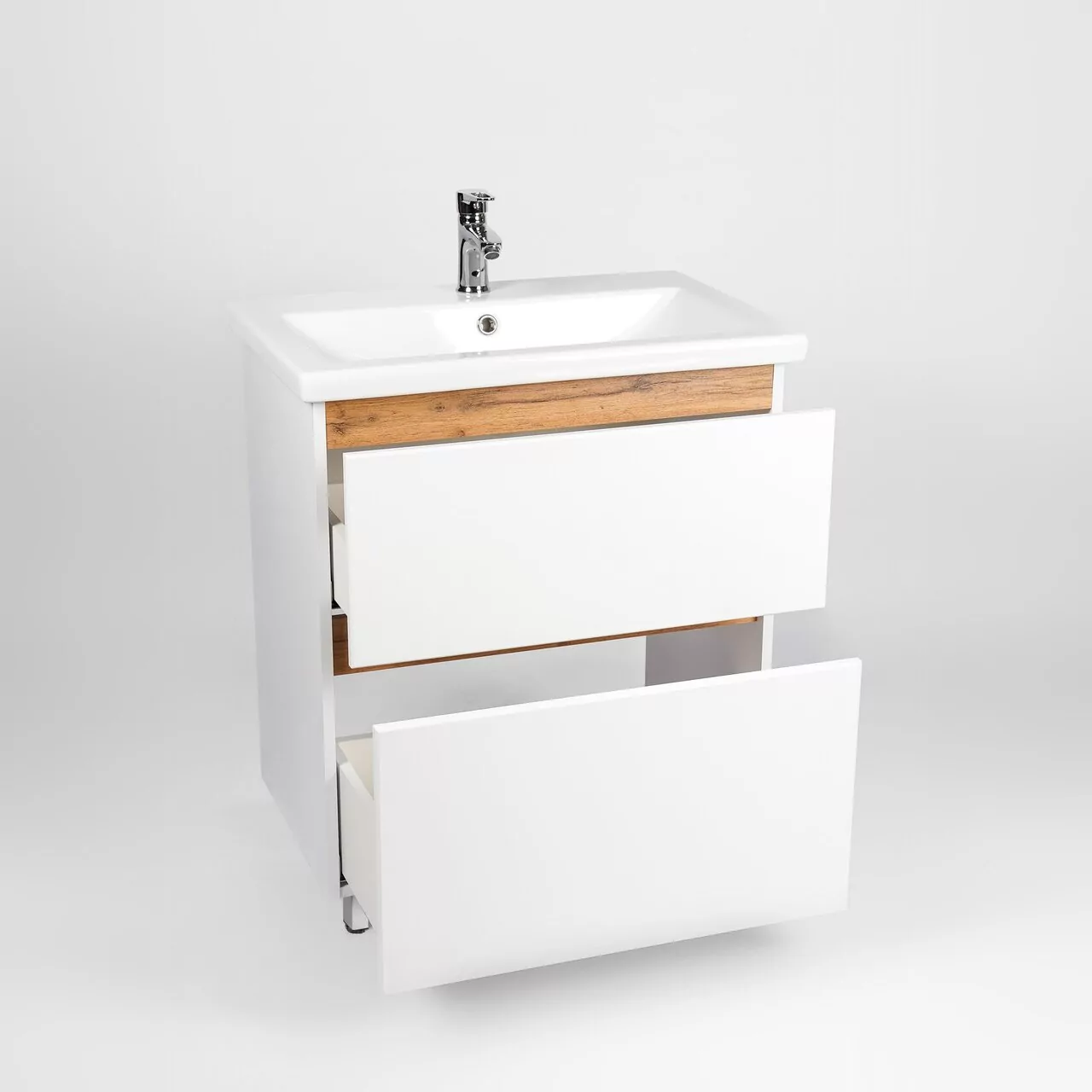 Тумба напольная Viant Мальта 70 с раковиной Como 70, два ящика, белый/дуб Вотана