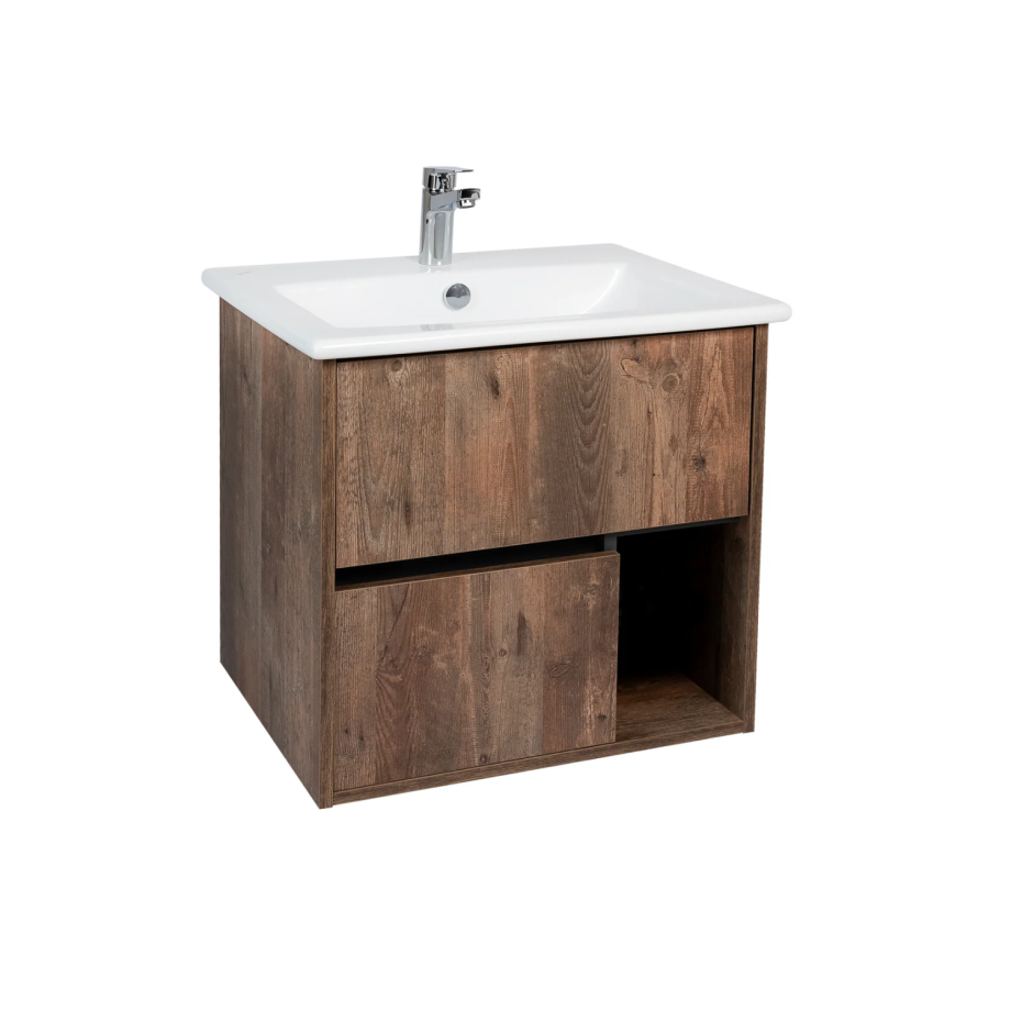 Тумба подвесная Viant Люксембург 75 с раковиной Элина 75, два ящика, темное дерево