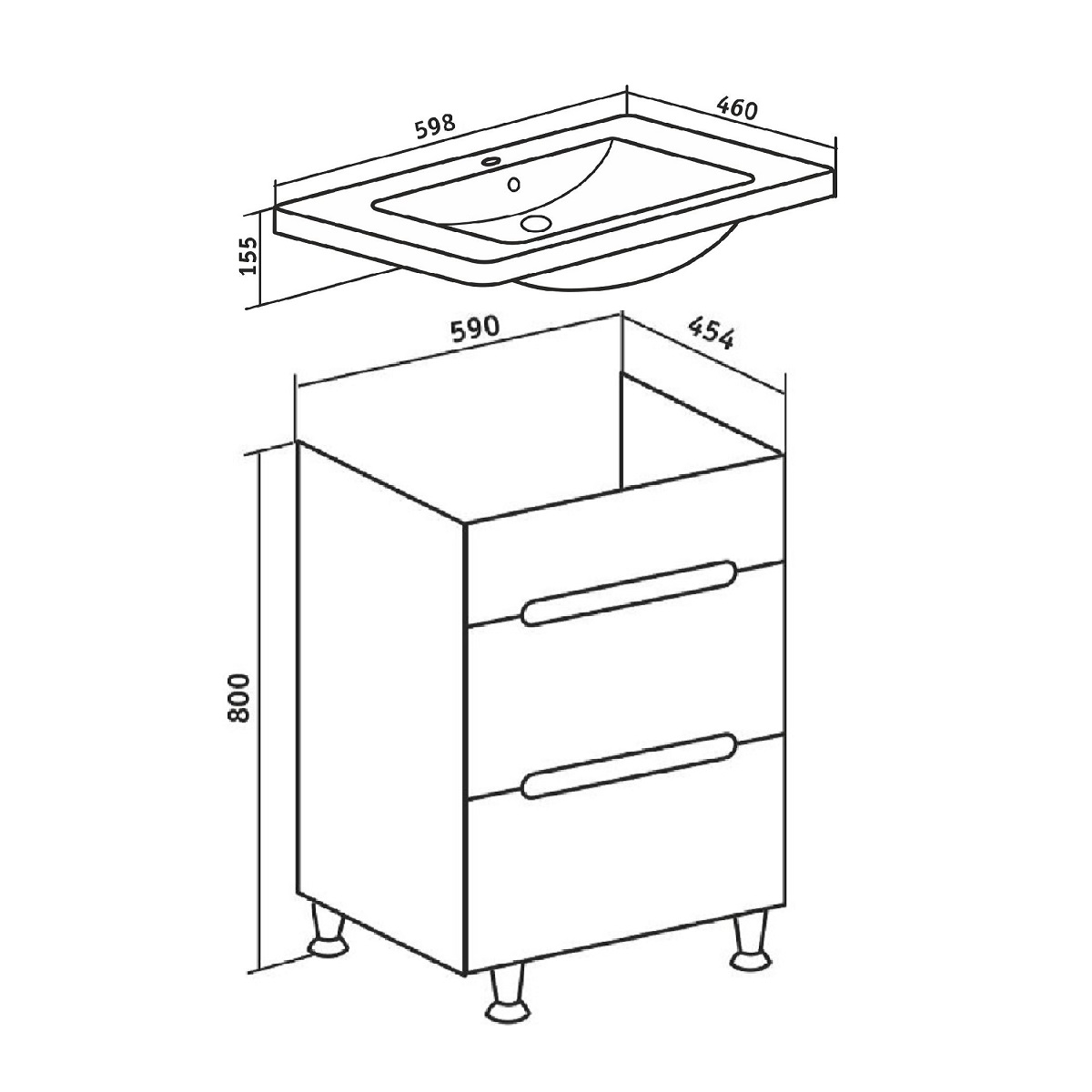 Тумба напольная Runo Парма 60 2 ящика, с раковиной Omega 60, белый