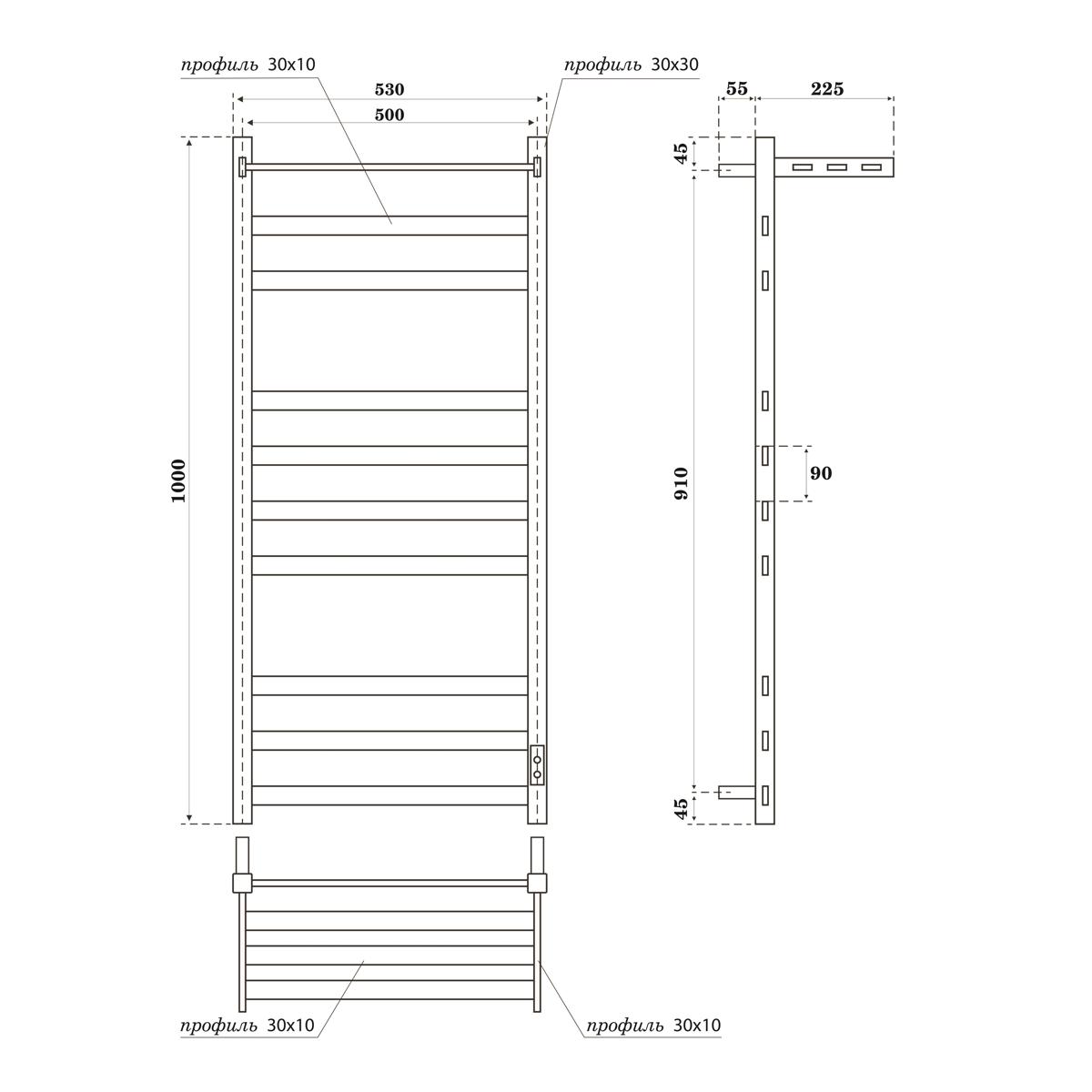 Полотенцесушитель электрический APEXTERMO Terra TR01105BM 1000x500 с полкой, черный матовый