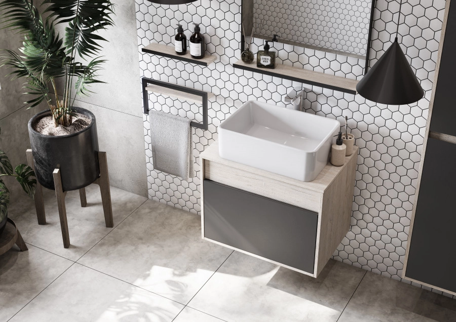 Тумба подвесная Aquaton Лофт Урбан 65 с раковиной MILA 35х50, серый графит, дуб орегон