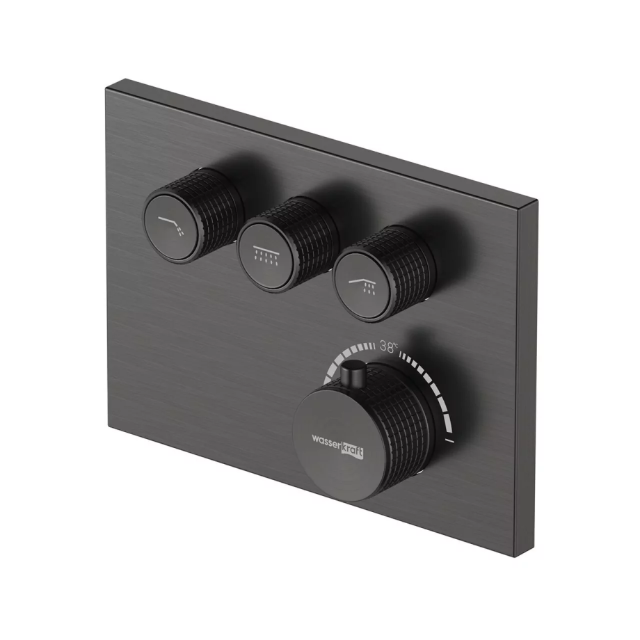 Смеситель с переключателем WasserKraft Wiese 8458 Thermo встраиваемый, на 3 выхода, с термостатом, оружейная сталь