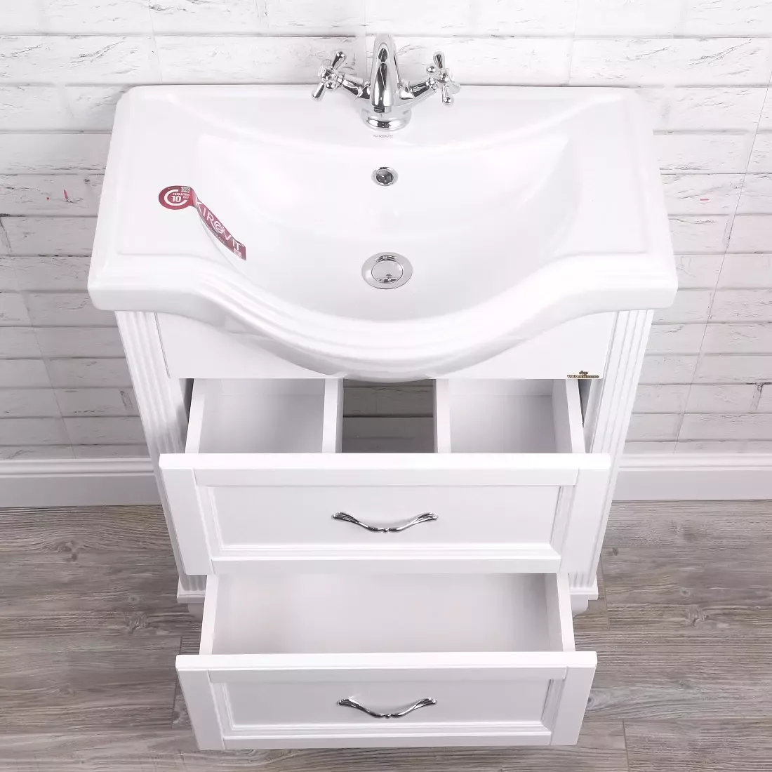 Тумба напольная ValenHouse Эллина 65/2 с раковиной Классик 65, 2 ящика, белый, хром