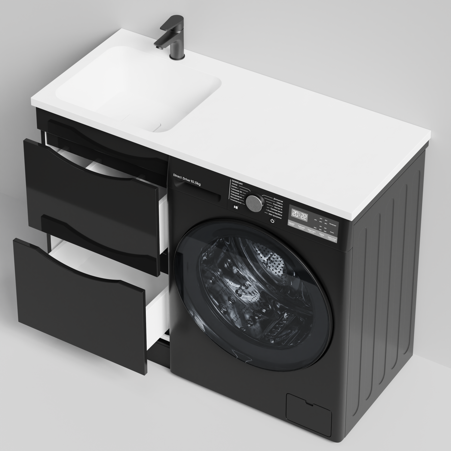 Тумба Vod-ok 48 с раковиной Смайл 110 напольная, под стиральную машину, левая, черный глянец