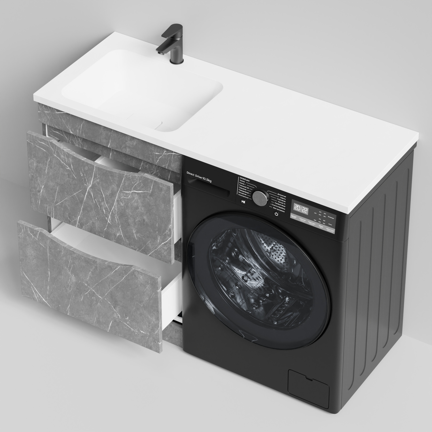 Тумба Vod-ok 58 с раковиной Смайл 120 напольная, под стиральную машину, левая, Мрамор Серый софт тач