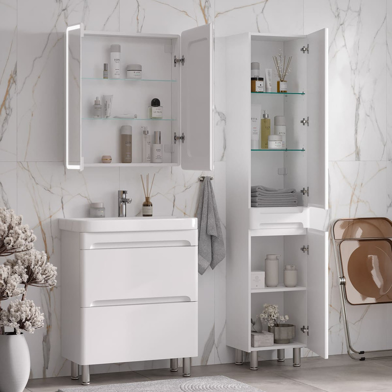 Зеркальный шкаф EQUIL Nice 70 с часами, свет, белый