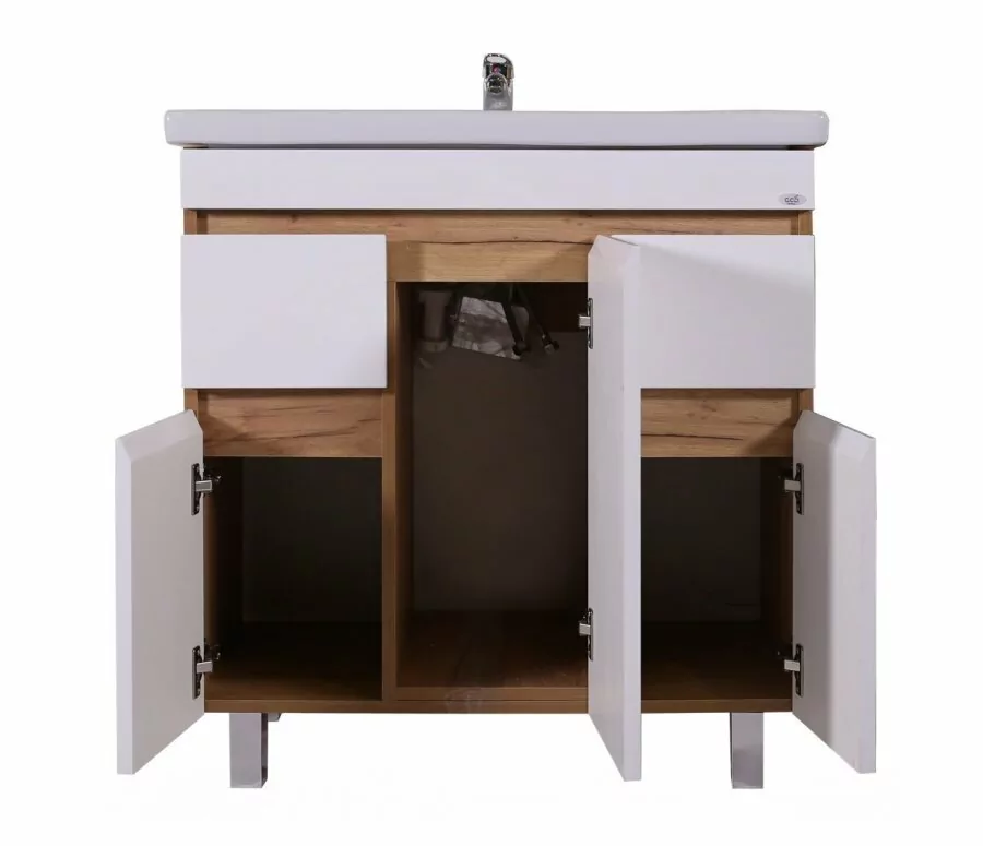 Тумба с раковиной Асб-мебель Марко 80-3.2 напольная, 3 двери, 2 ящика, белый/дуб золотой