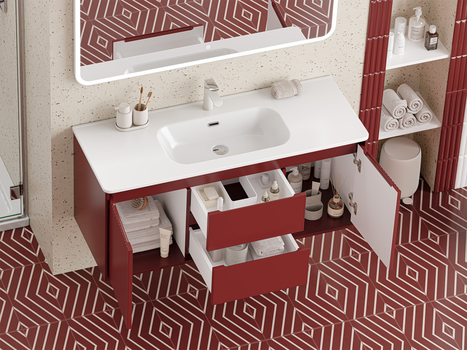Тумба с раковиной Brevita Wine 120 подвесная (бордовая) с раковиной Brevita Onda 120
