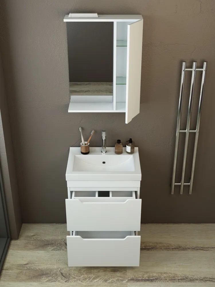 Тумба напольная Emmy Агата 55 с раковиной Визит 55, 2 ящика, белый