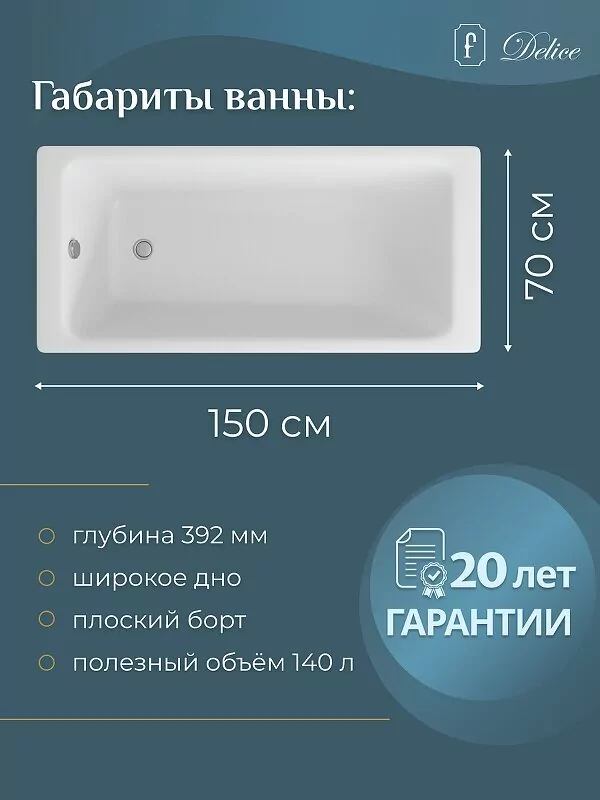 Ванна чугунная Delice Parallel 150х70 DLR220503-AS прямоугольная, с антискользящим покрытием