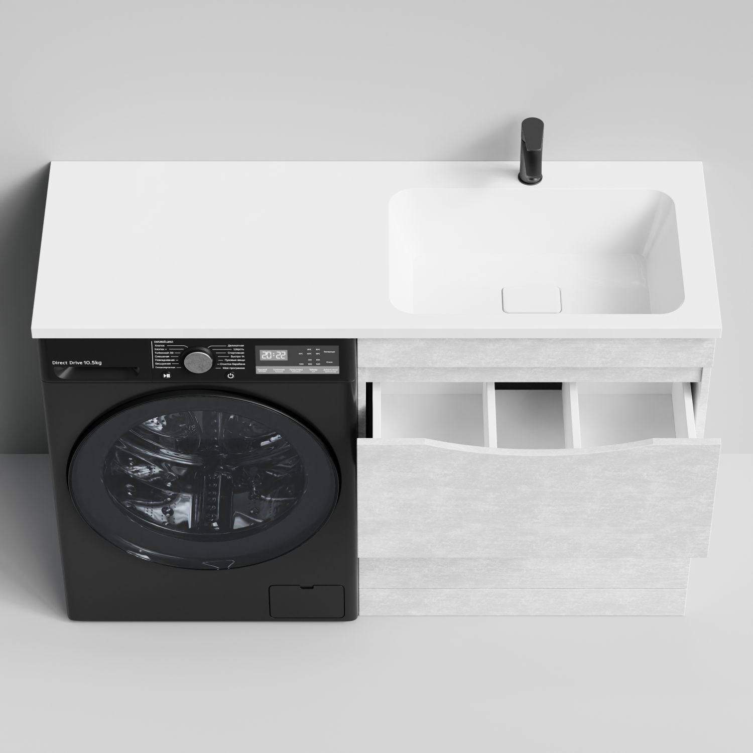 Тумба Vod-ok 68 с раковиной Смайл 130 напольная, под стиральную машину, правая, Белый камень