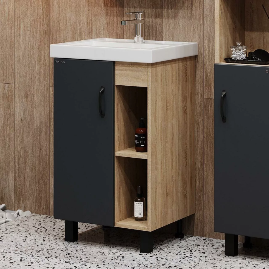 Тумба с раковиной Onika Тимбер 50 напольная, серый матовый/дуб сонома