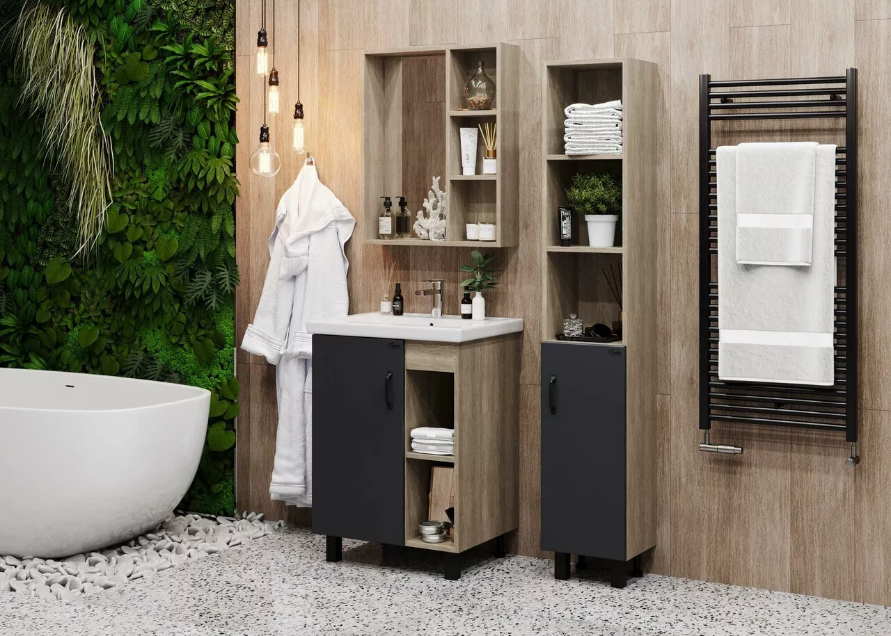 Тумба с раковиной Onika Тимбер 60 напольная, серый матовый/дуб сонома