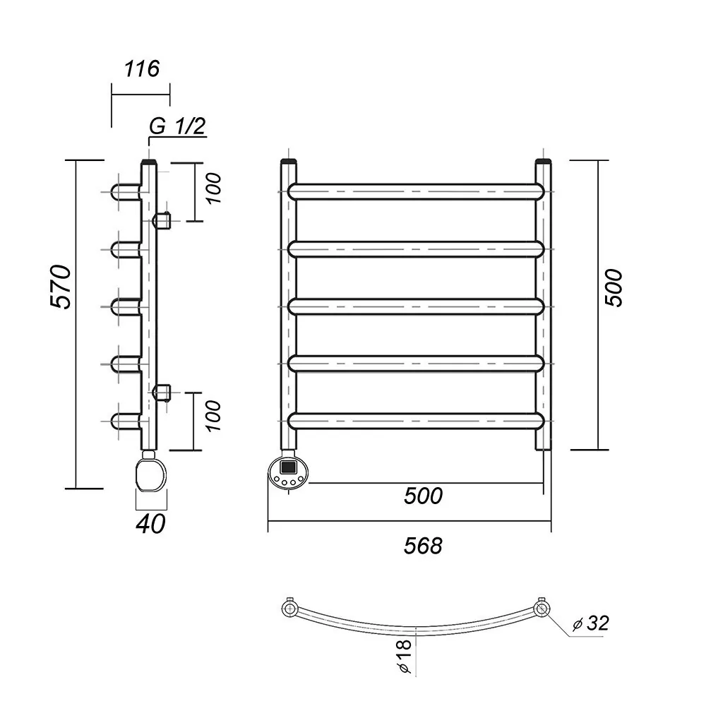 Полотенцесушитель электрический Domoterm Калипсо П5 500X500 EL левый, черный матовый