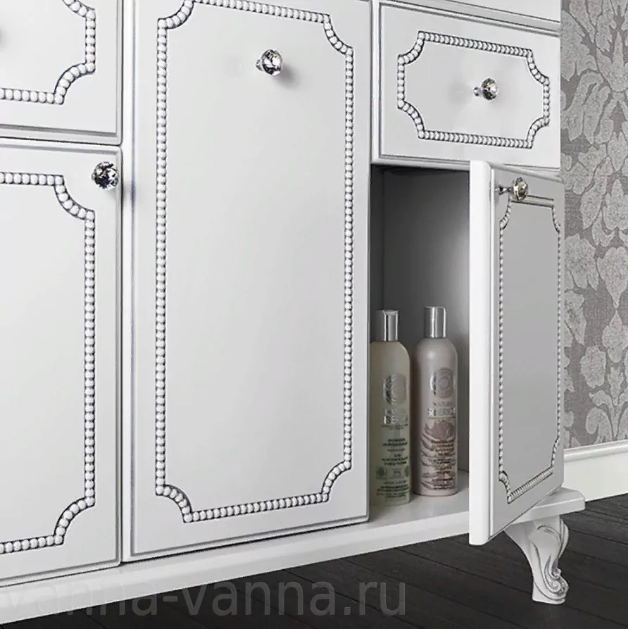 Тумба с раковиной Vod-ok Elite Мариэль 105 напольная, белая, патина серебро, золото