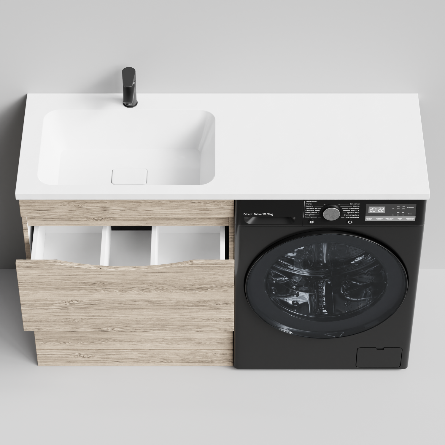 Тумба Vod-ok 68 с раковиной Смайл 130 напольная, под стиральную машину, левая, Дубослив ореховый светлый