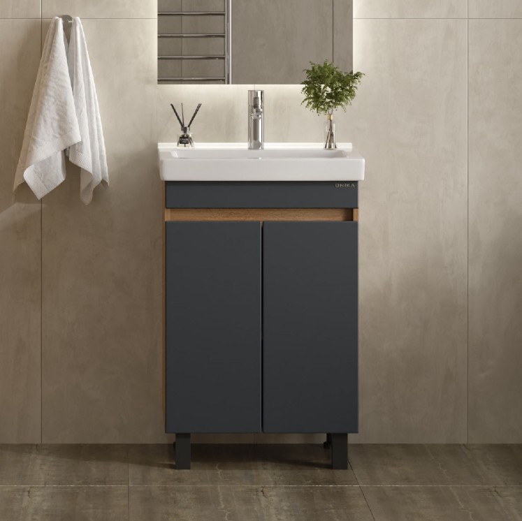 Тумба с раковиной Onika Милтон Квадро 55 напольная, серый/дуб сонома