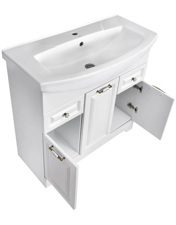 Тумба напольная Stella Polar Кармела 85 с раковиной Элеганс 85, 2 ящика, 3 двери, ольха белый