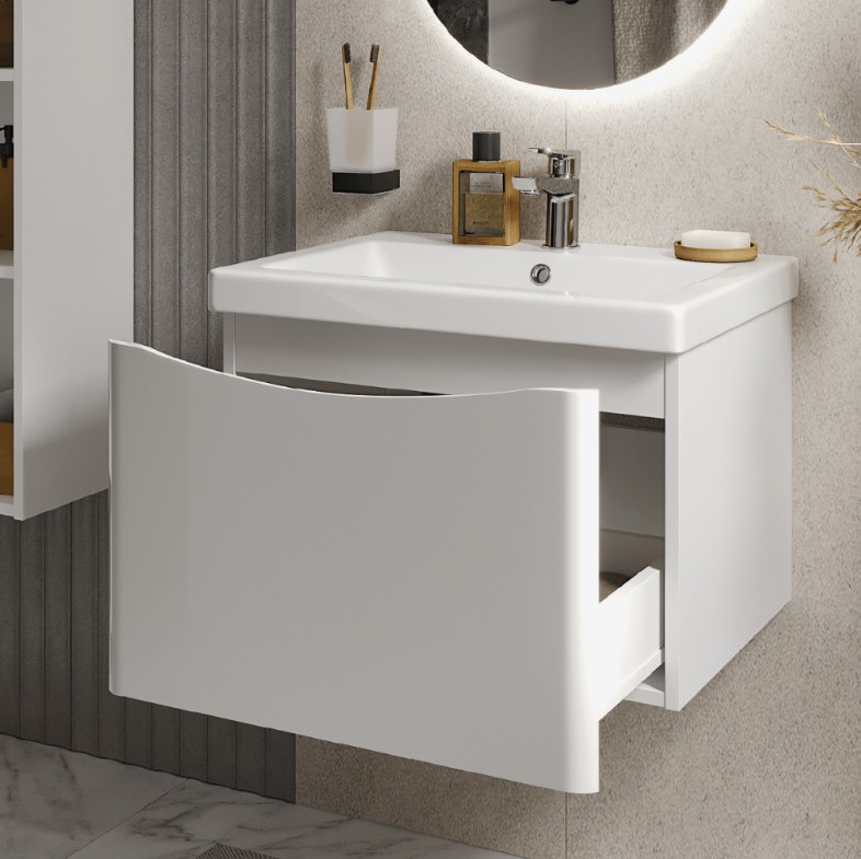 Тумба подвесная Vigo Glem 600-0-1 с раковиной Como 60, 1 ящик, белый