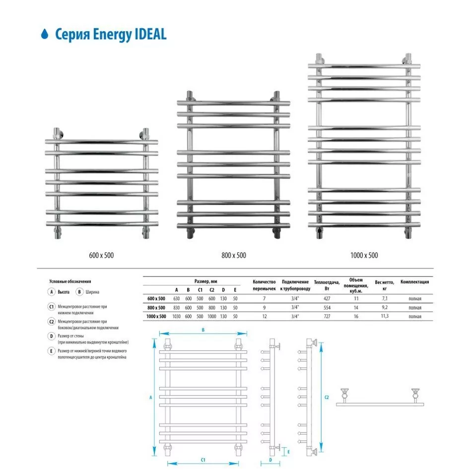 Полотенцесушитель водяной Energy Ideal 600x500 хром