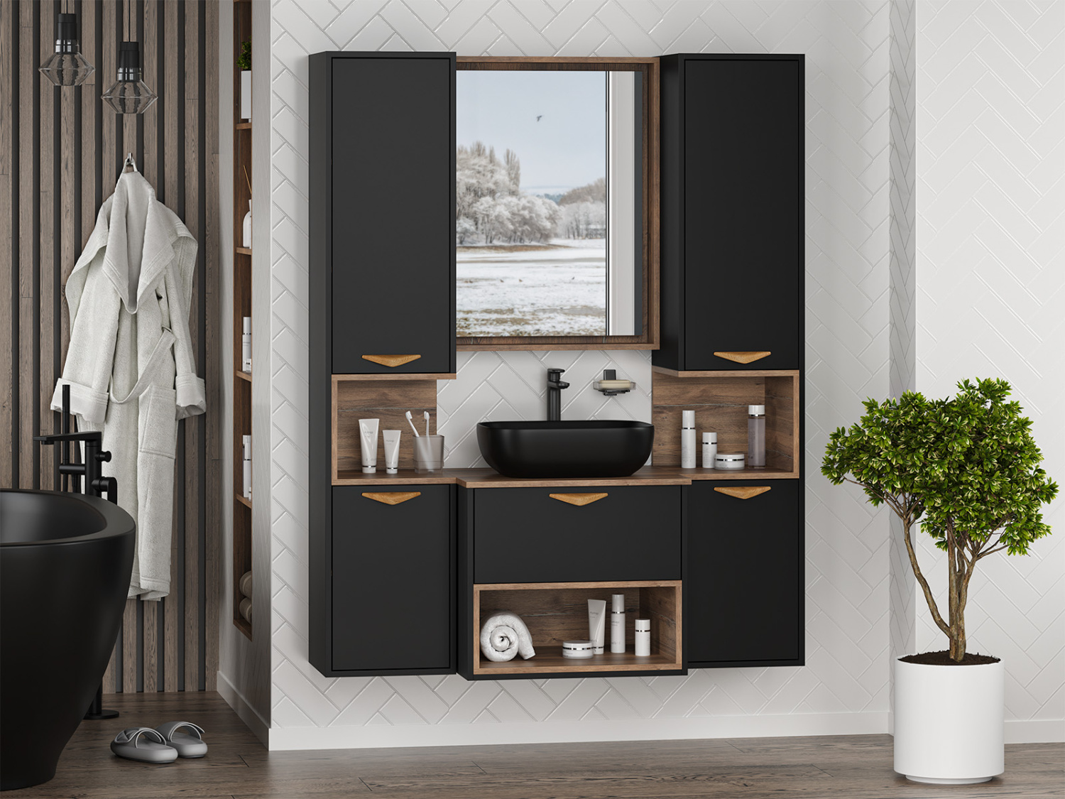 Пенал Brevita Bergen 35 подвесной, R, черный/дуб галифакс олово