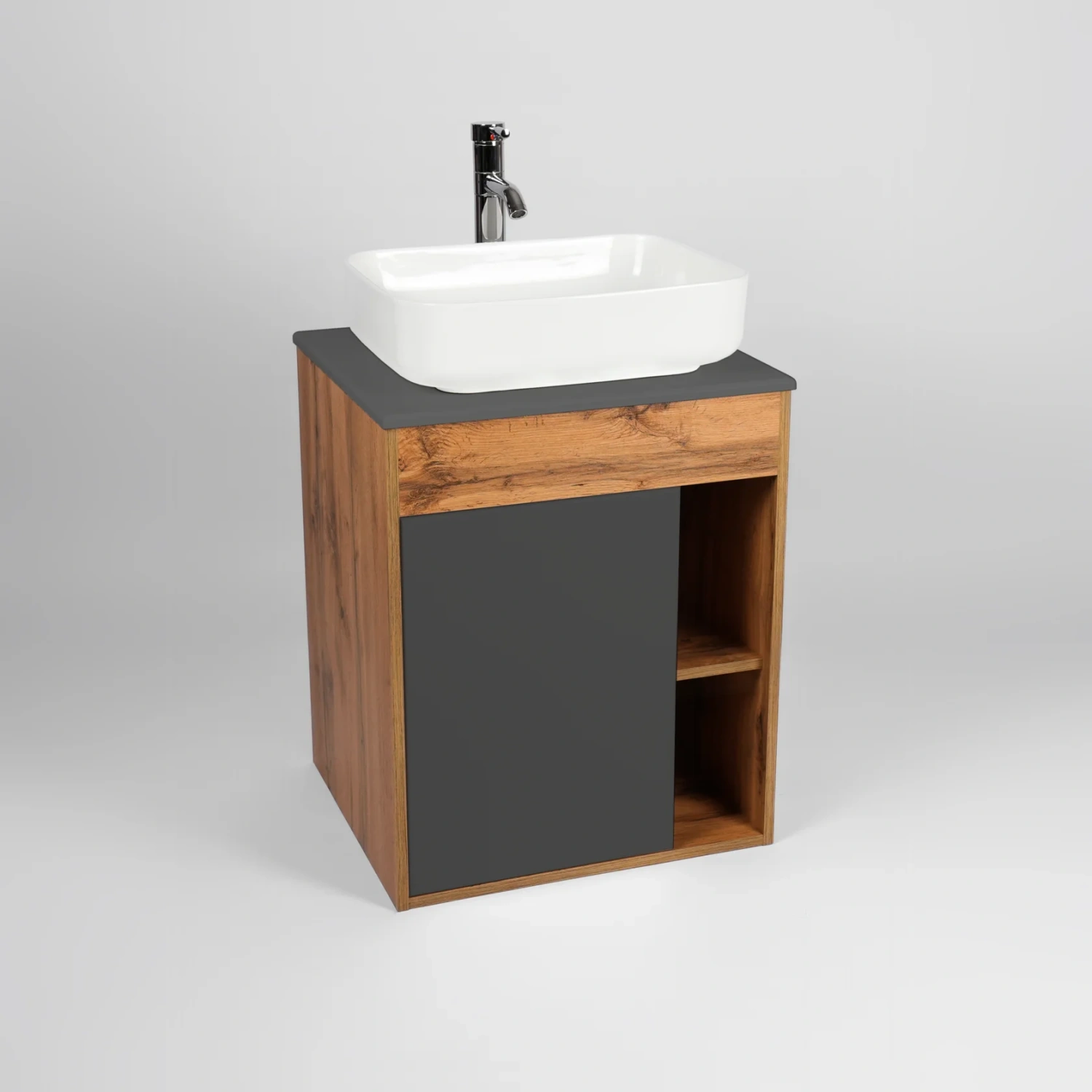 Тумба подвесная Viant Бостон 56 с раковиной Moduo 50, 1 дверь, графит/дуб вотан