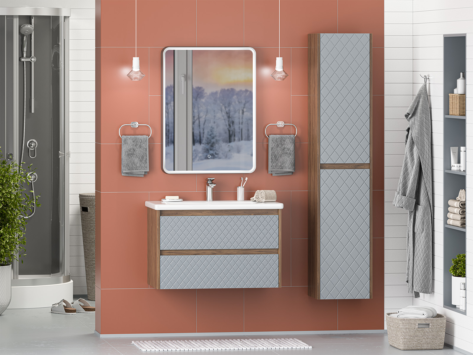 Тумба с раковиной Brevita Chester 80 подвесная, серый/дуб чарльстон темно-коричневый