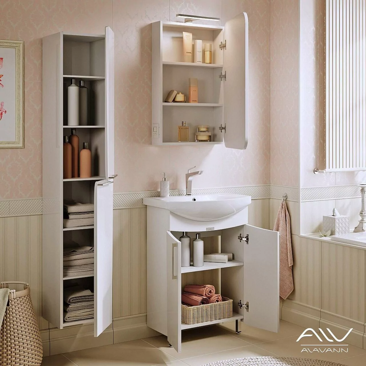 Тумба напольная Alavann Nicole 60 с раковиной Элеганс 60, белая