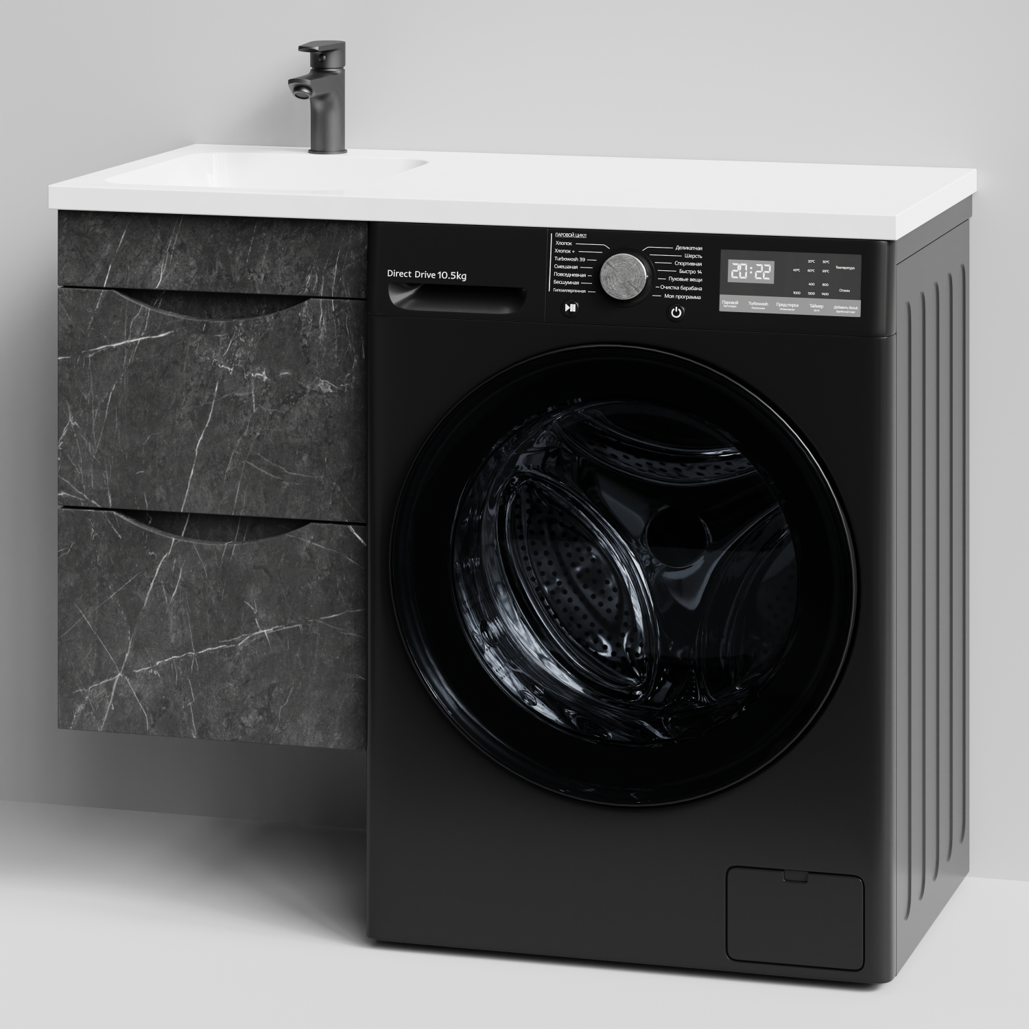 Тумба Vod-ok 38 с раковиной Смайл 100 подвесная, под стиральную машину, левая, Мрамор Графит софт тач