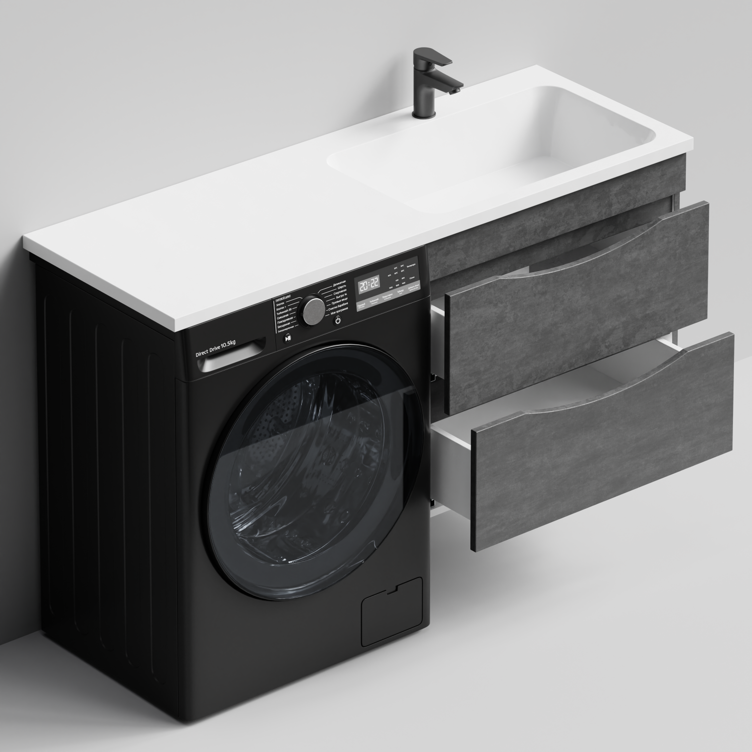 Тумба Vod-ok 68 с раковиной Смайл 130 подвесная, под стиральную машину, правая, Серый камень